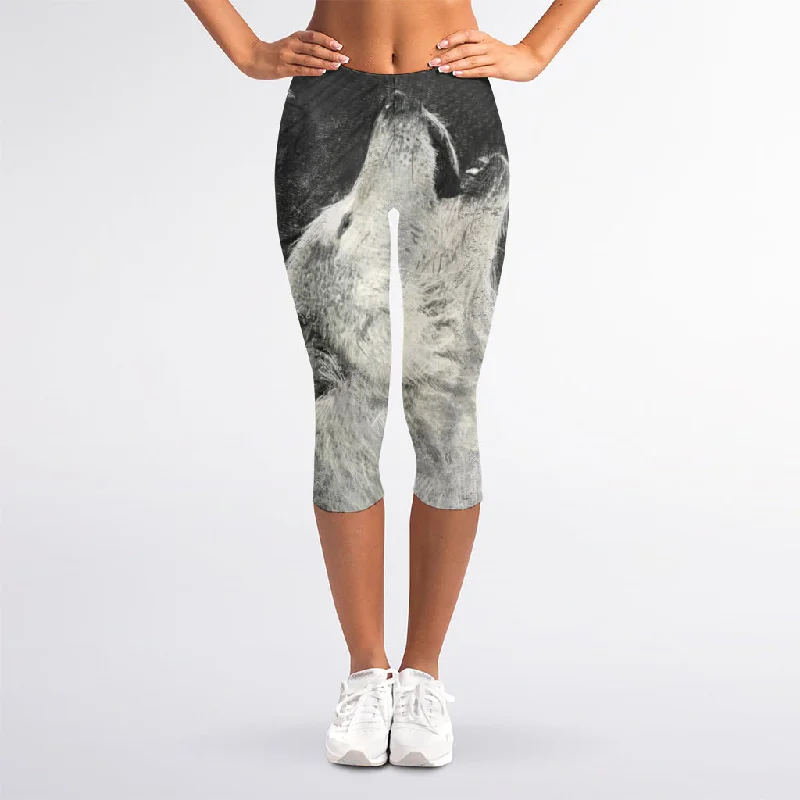 Monochrome Howling Wolf Print Women's Capri Leggings Trendy High-Compression Leggings