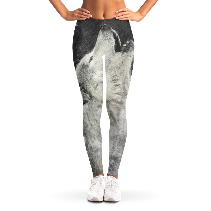 Monochrome Howling Wolf Print Women's Leggings Chic Printed Yoga Pants