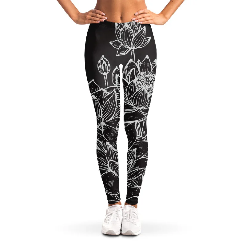 Monochrome Lotus Print Women's Leggings Comfortable Running Leggings