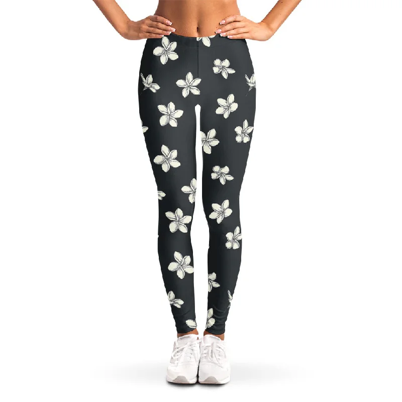 Monochrome Plumeria Pattern Print Women's Leggings Stylish Winter-Ready Leggings