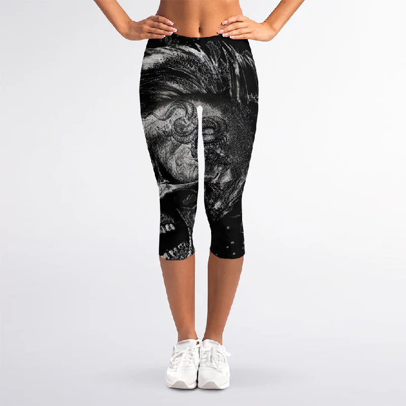 Monochrome Punk Skull Print Women's Capri Leggings Elegant Animal Print Leggings