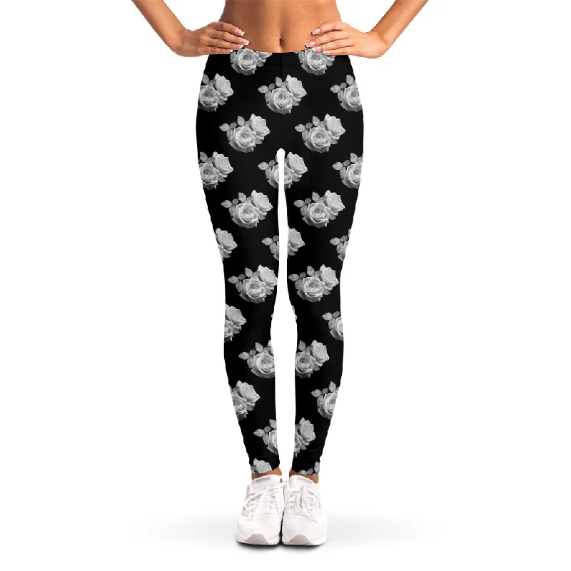 Monochrome Rose Pattern Print Women's Leggings Fashionable Quick-Dry Leggings