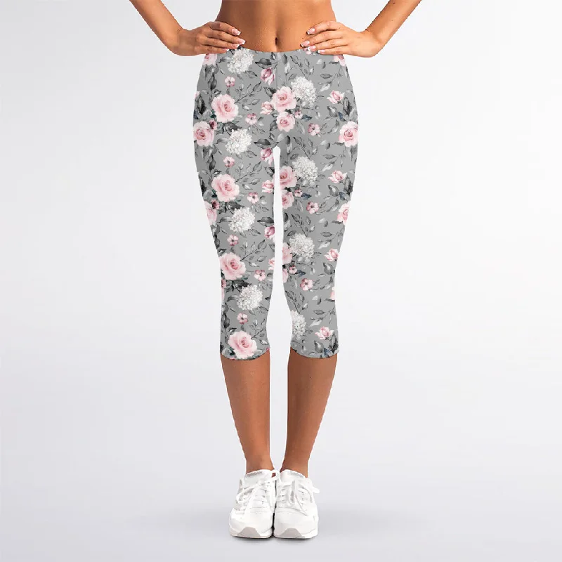 Monochrome Spring Floral Print Women's Capri Leggings Comfortable Leggings with Pockets