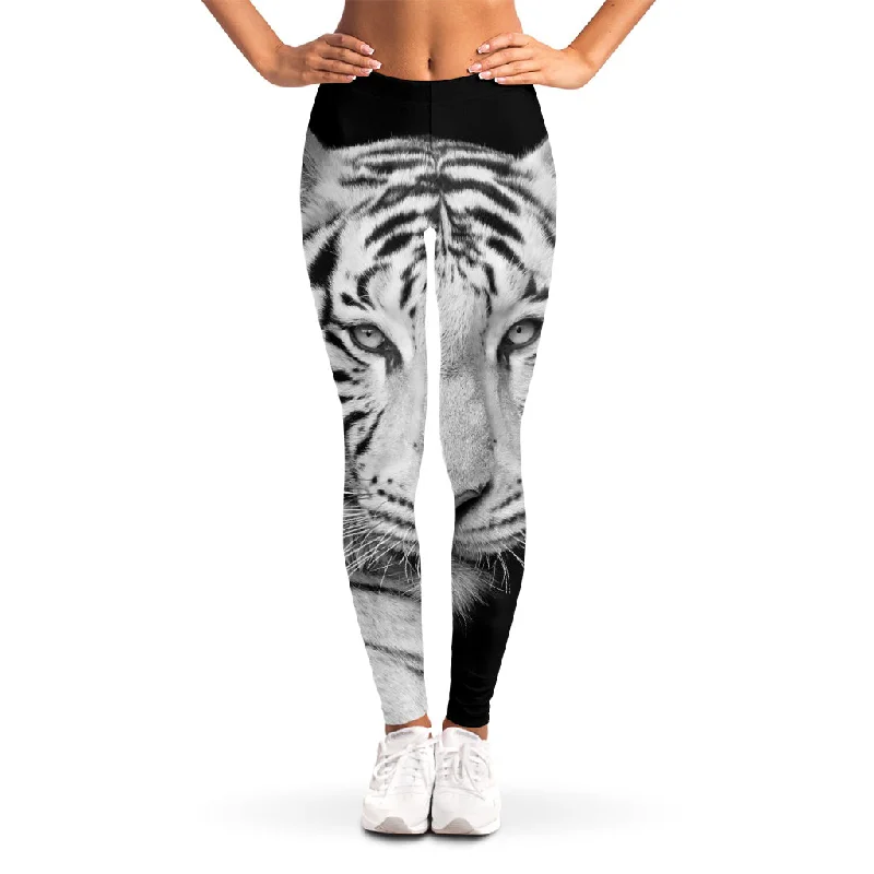 Monochrome White Bengal Tiger Print Women's Leggings Chic Velvet Soft Leggings