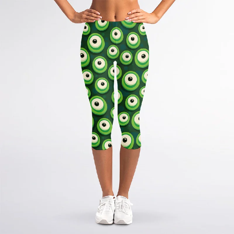 Monster Eyes Pattern Print Women's Capri Leggings Fashionable High-Rise Workout Leggings