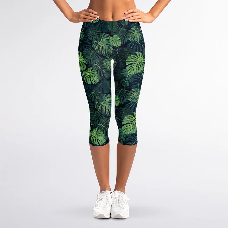 Monstera Palm Leaves Pattern Print Women's Capri Leggings Comfortable Zip-Up Leggings