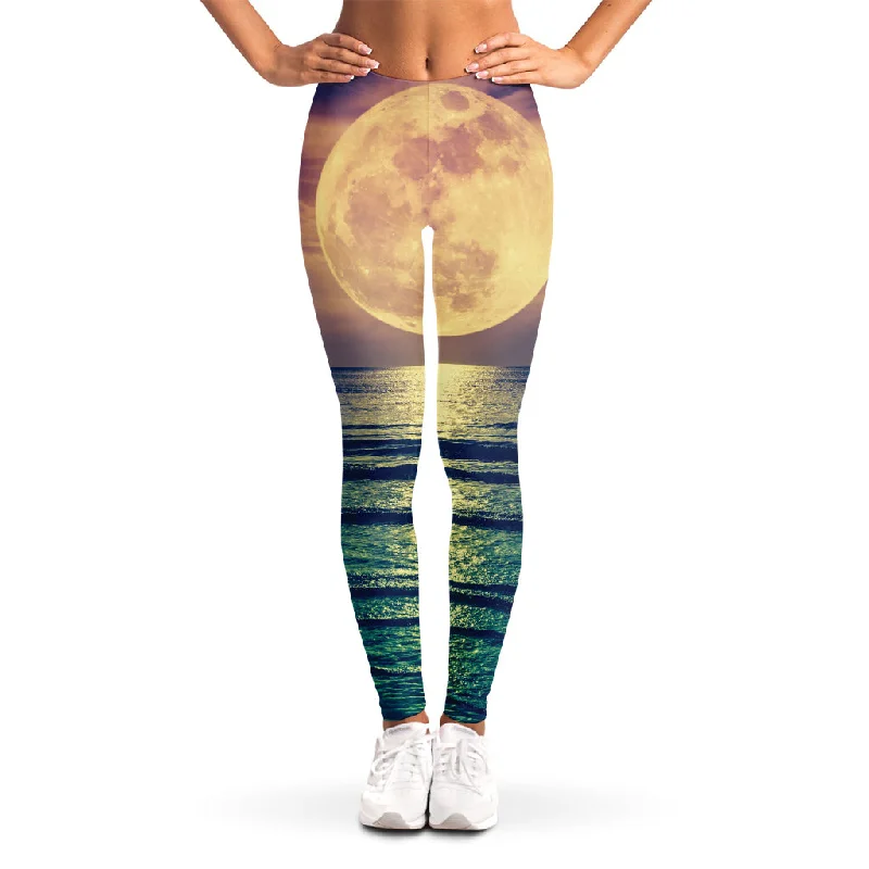 Moon Beach Print Women's Leggings Stylish Faux Leather Leggings