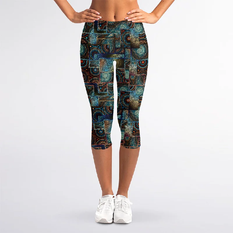 Mosaic Patchwork Pattern Print Women's Capri Leggings Fashionable Sports Compression Leggings