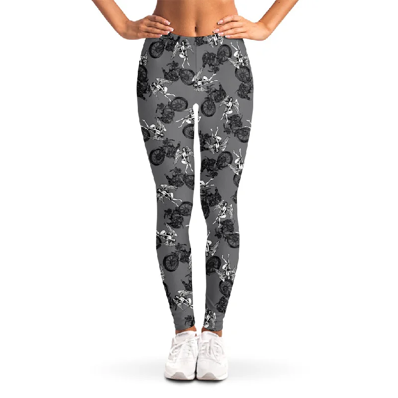 Motorcycle And Angel Pattern Print Women's Leggings Elegant Metallic Leggings