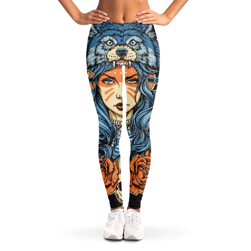 Native American Wolf Girl Print Women's Leggings Trendy Sporty Compression Leggings