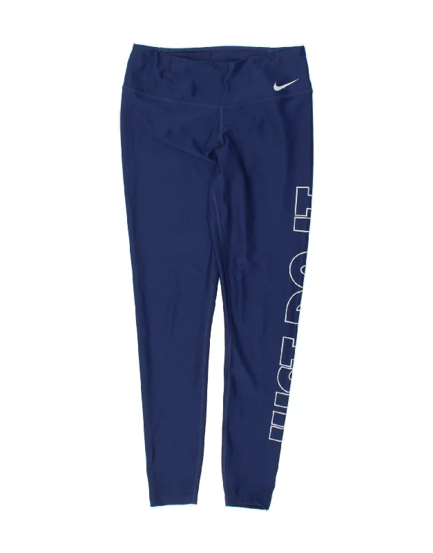 NIKE Womens Dri Fit Graphic Leggings UK 14 Medium Navy Blue Polyester Elegant Full-Body Leggings