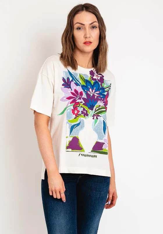 Oui Flower Vase Print Cotton T-Shirt, Off- White Anti-Pilling Machine Wash Handmade