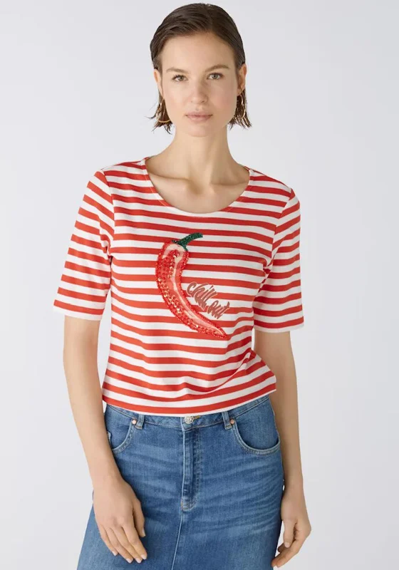 Oui Sequin Chilli Striped T-Shirt, Red Elegant Classic Vintage