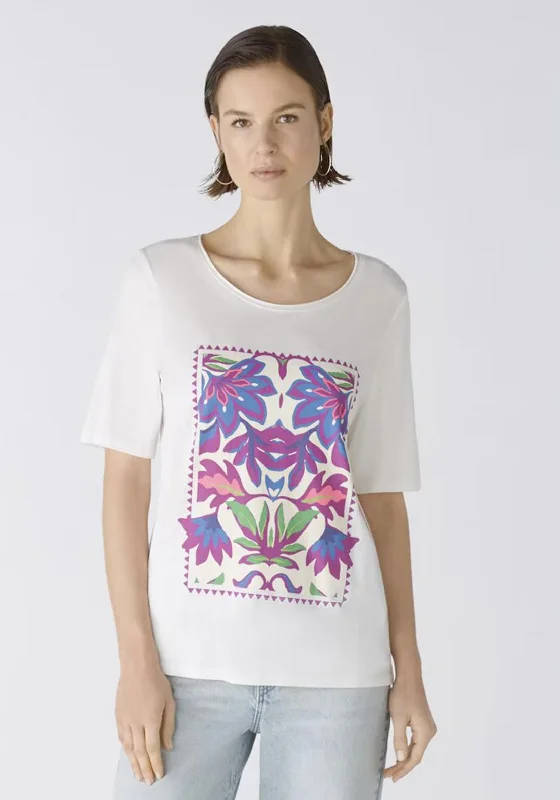 Oui Graphic Flower Stitch Trim T-Shirt, White Boxy Fit Fitted Loose