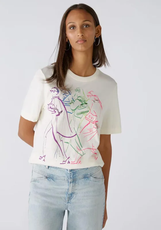 Oui Embellished Graphic Print T-Shirt, Off White Welt Pockets Slit Pockets