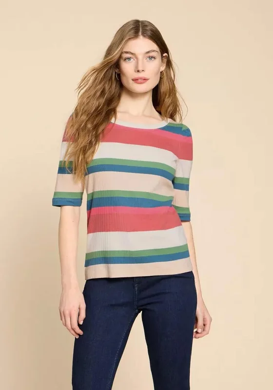 White Stuff Striped Puff Sleeve T-Shirt, Pink Multi Silk Blend Satin Velvet