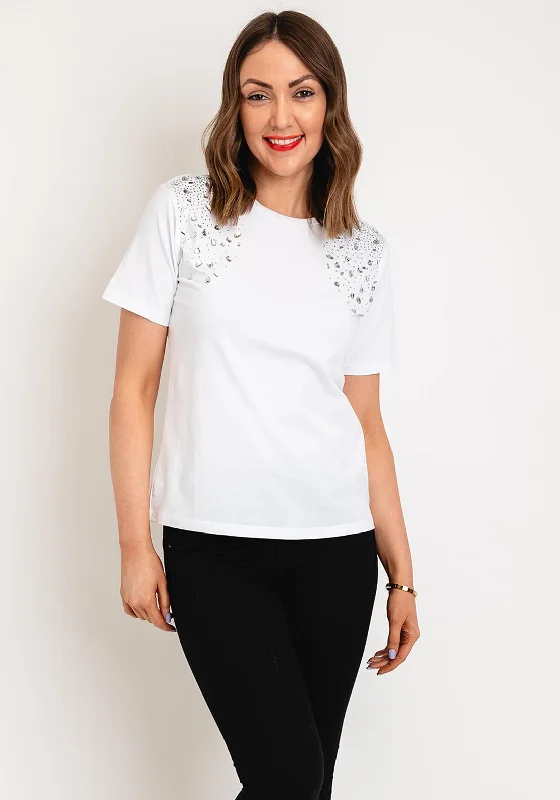 Serafina Collection Embellished Detail T-Shirt, White Ribbed Striped Patterned