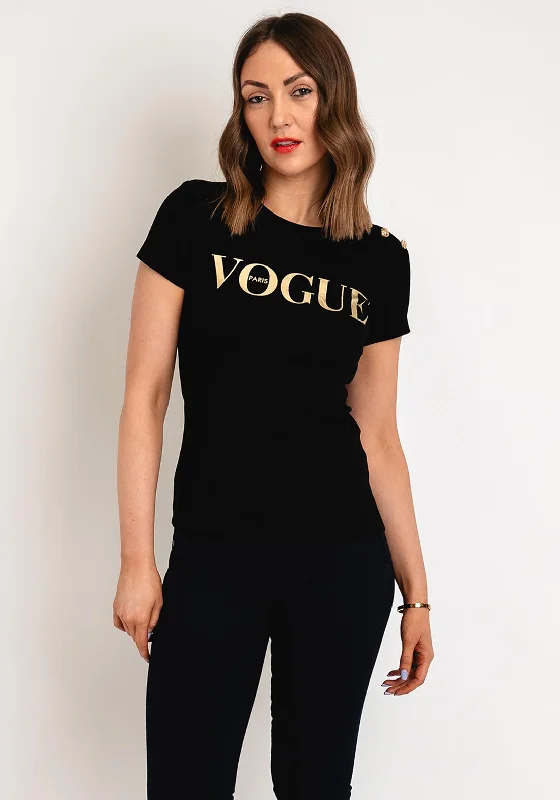 Serafina Collection Vogue Button Neck T-Shirt, Black Hooded Caped Shawl Collar