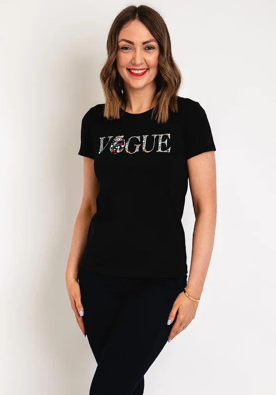 Serafina Collection Vogue Diamante Logo T-Shirt, Black Zippered Buttoned Snapped