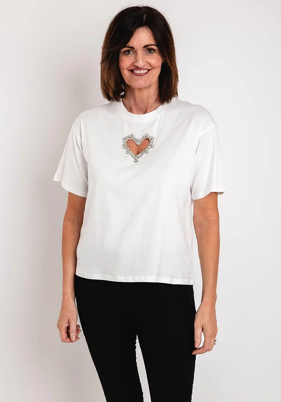 Serafina Collection Diamante Cut Out Heart T-Shirt, White Fashionable Trendy Casual