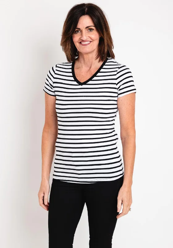 Serafina Collection Striped V Neck T-Shirt, White & Black Fleece Nylon Spandex