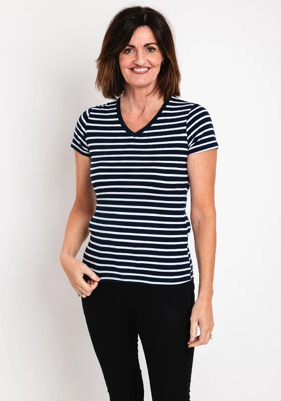 Serafina Collection Striped V Neck T-Shirt, Navy Mesh Canvas Denim