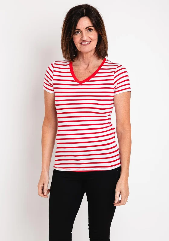 Serafina Collection Striped V Neck T-Shirt, Red Rayon Velvet Corduroy