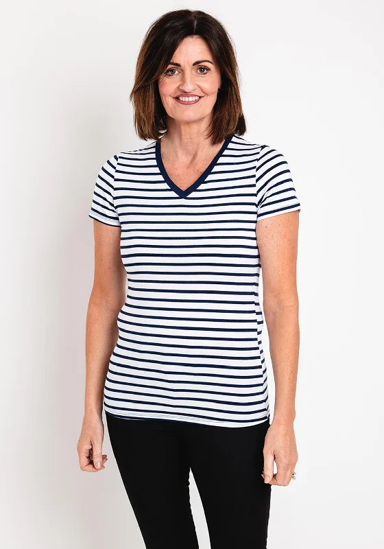 Serafina Collection Striped V Neck T-Shirt, White & Navy Chenille Brocade Lace