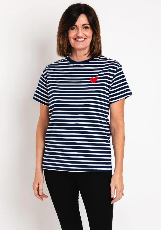 Serafina Collection Striped Heart Motif T-Shirt, Navy Handmade Hand-knitted Hand-woven