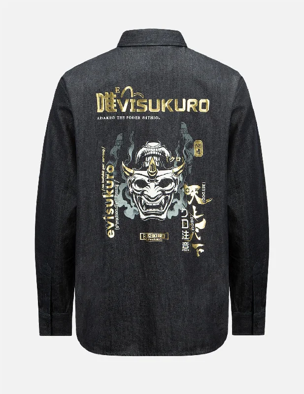 Smoky Hannya Skull Print Denim Shirt Machine Wash Dry Clean Hand Wash