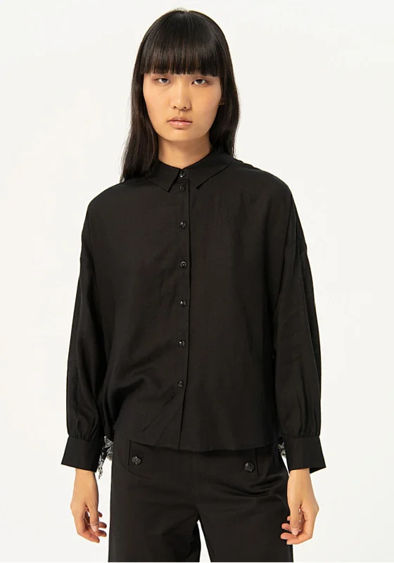 Surkana Crochet Detail Linen Shirt, Black Rayon Velvet Corduroy