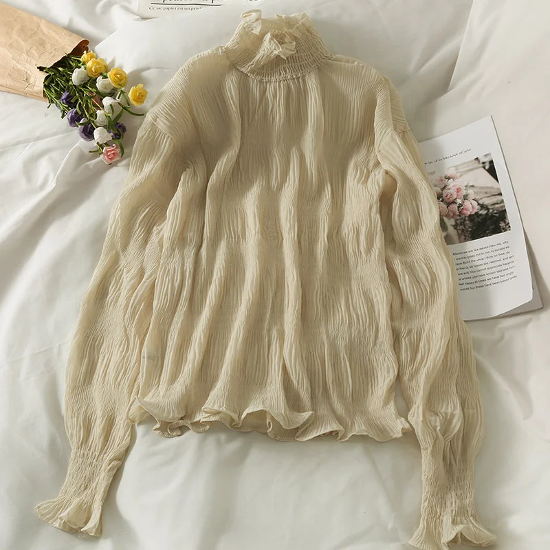 Versatile Pleated Chiffon shirt perspective bottoming shirt  1703 Real Fur Shearling Chenille