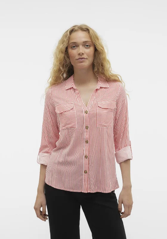 Vero Moda Bumpy Striped Shirt, Cayenne Collared T-Shirt Boat Neck A-Line