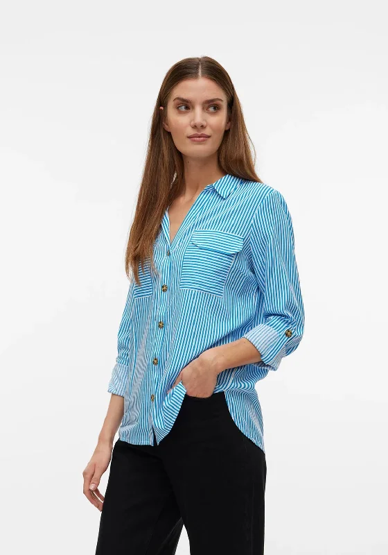 Vero Moda Bumpy Striped Shirt, Ibiza Blue Graphic T-Shirt Round Neck Polyester