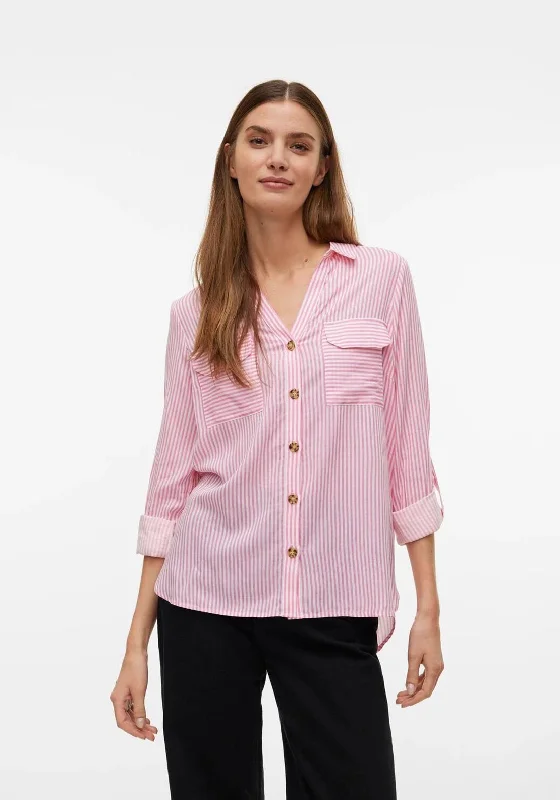 Vero Moda Bumpy Striped Shirt, Pink Cosmos Denim Fabric Leather Fabric Suede Fabric