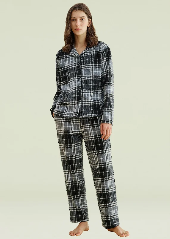 Women's Plaid Fleece Pajamas Set Notch Collar Shirt and Pants Plaid T-Shirt Polka Dot Checkered Women's Plaid Fleece Pajamas Set Notch Collar Shirt and Pants Plaid T-Shirt Polka Dot Checkered
