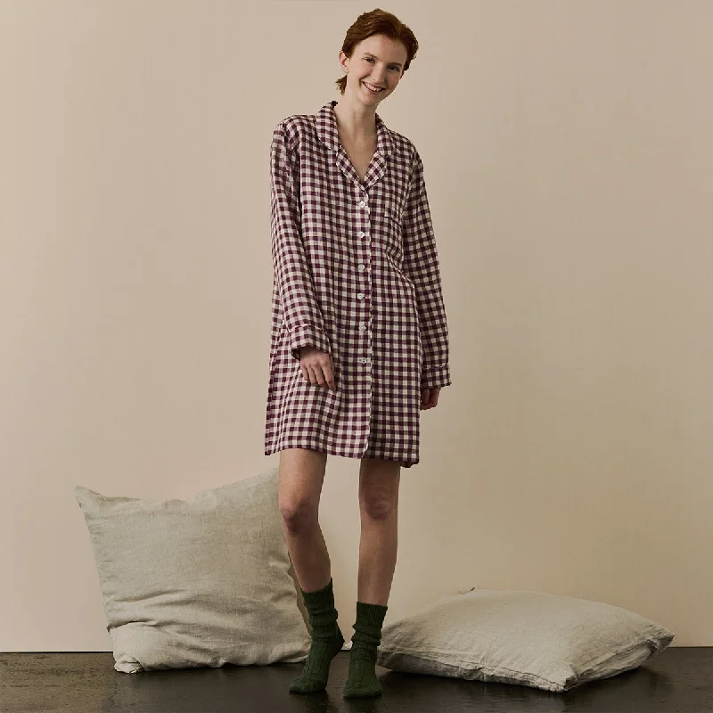 Berry Gingham Linen Night Shirt Elegant Classic Vintage