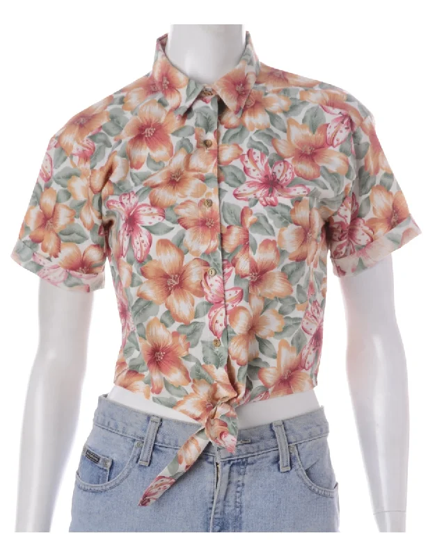 Label Nancy Ladies Hawaiian Tie Front Shirt Solid Print Embellished