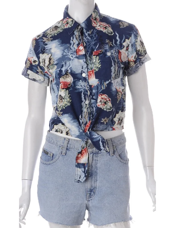 Label Nancy Ladies Hawaiian Tie Front Shirt Cashmere Blend Cotton Blend Poly Blend