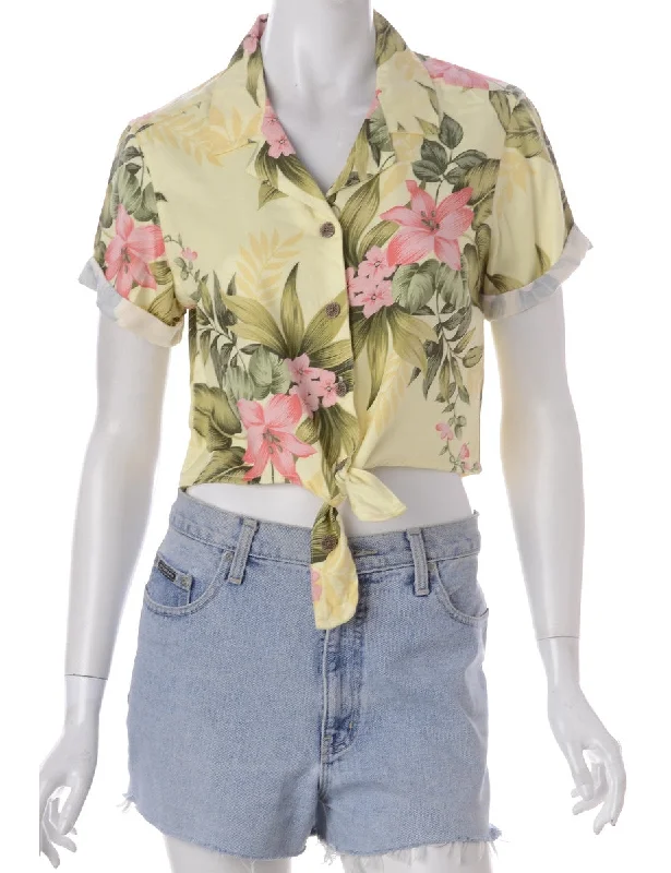 Label Nancy Ladies Hawaiian Tie Front Shirt Spandex Blend Rayon Blend Denim Blend