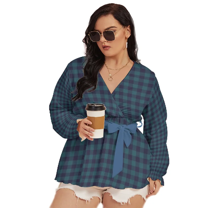 Blue Gingham All-Over Print Women's V-neck T-shirt With Waistband (Plus Size) Modern Contemporary Chic
