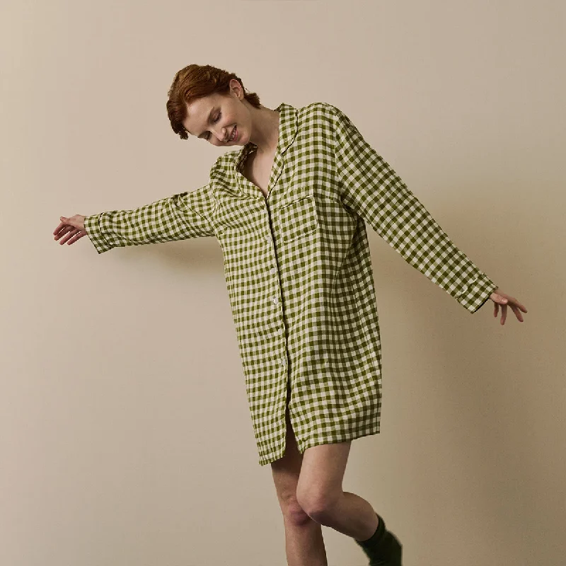 Botanical Green Gingham Linen Night Shirt Collared Crew Neck Turtle Neck
