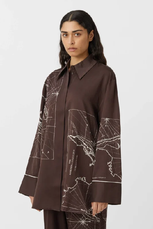 Laguna Shirt Chocolate Map Print Spandex Blend Rayon Blend Denim Blend