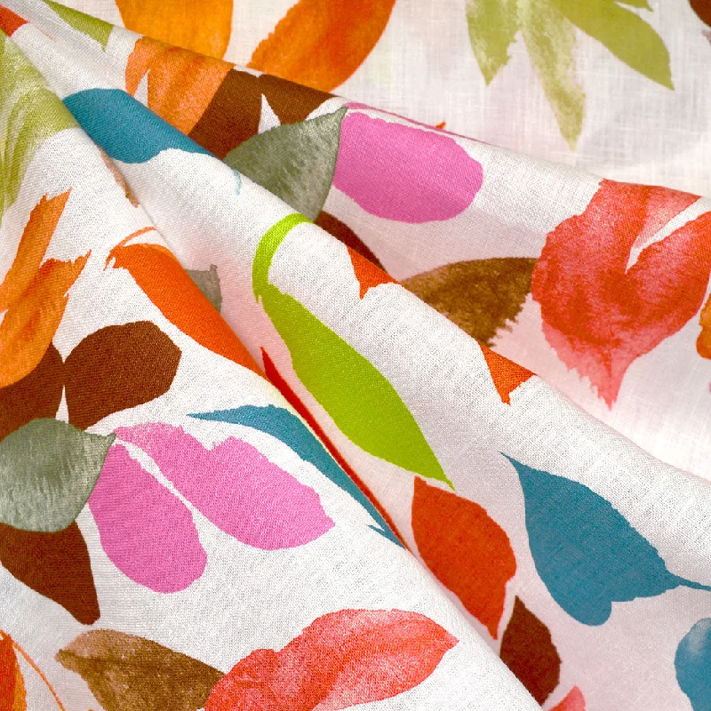 Colorful Painterly Leaves Linen Shirting White/Multi Elegant Classic Vintage