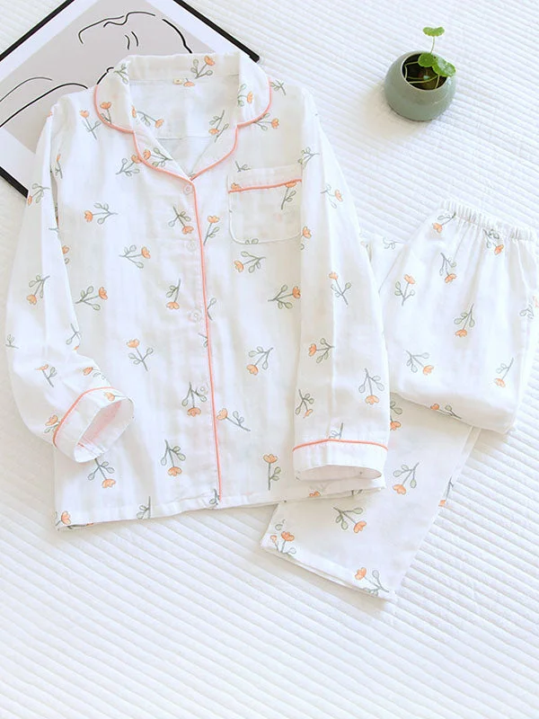 Small Flower Print Shirt Pajamas Set Silk Blend Satin Velvet