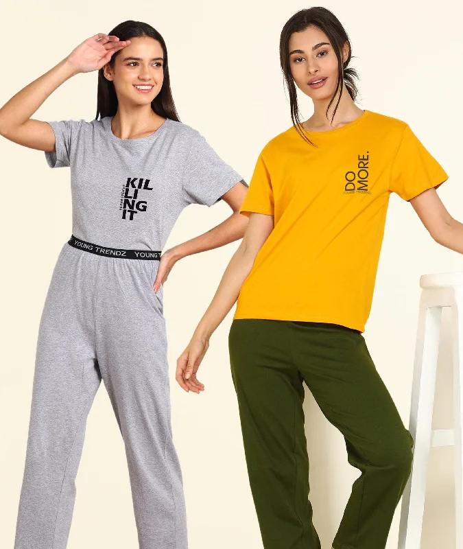 Women Printed T-shirt & Pyjama Set Pure Soft Cotton - Combo Set Fashionable Trendy Casual Women Printed T-shirt & Pyjama Set Pure Soft Cotton - Combo Set Fashionable Trendy Casual