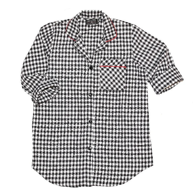 115 / Easy Fit Flannel Nightshirt / Small Black/White Buffalo Check Asymmetrical Pockets Print