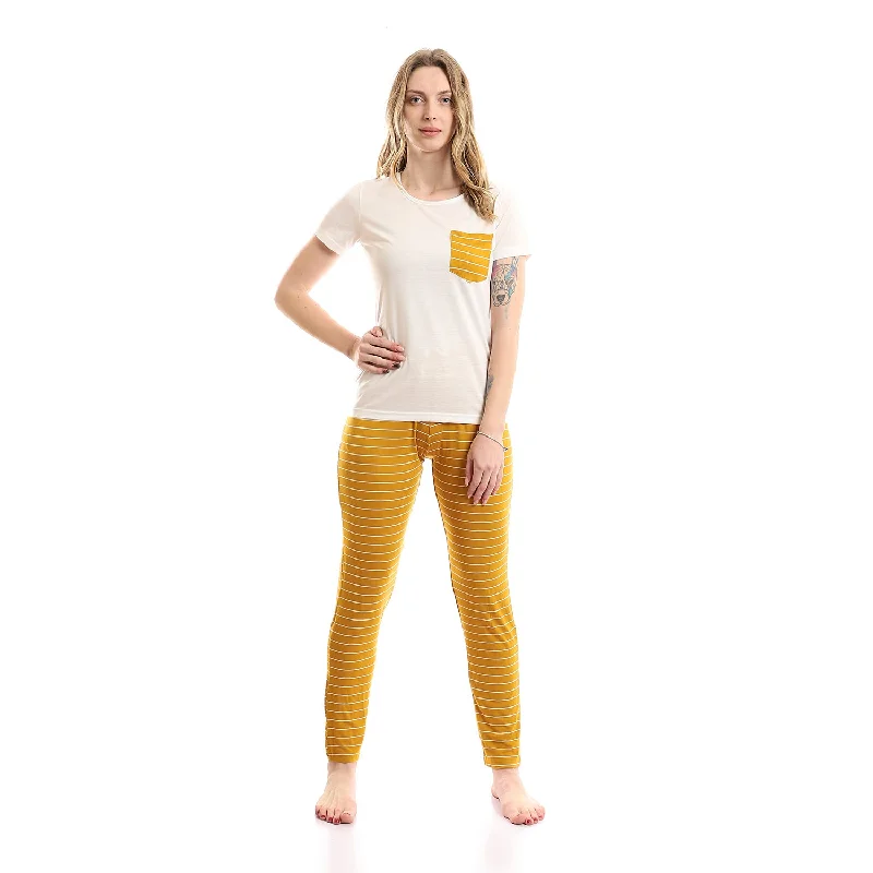 Half Sleeves T-Shirt With Striped Pants - Kady Houndstooth Herringbone Solid