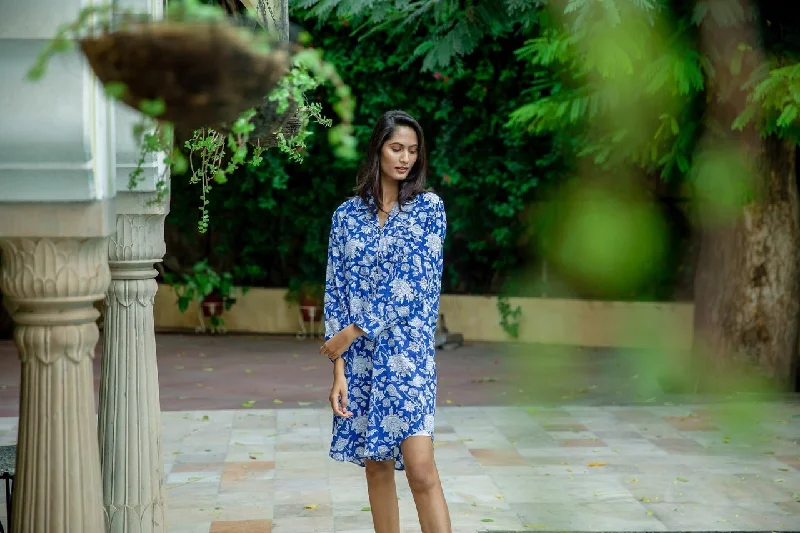 Hand Printed Nightshirt- China Blue Collared Crew Neck Turtle Neck