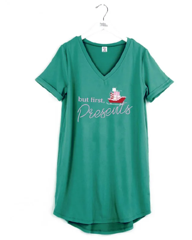 HELLO MELLO BUT FIRST PRESENTS HOLIDAY SLEEP SHIRT Layered Multi-layer Single Layer